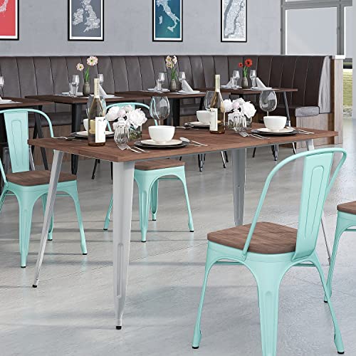 Kenneth 30.25" x 60" Rectangular Silver Metal Indoor Table with Walnut Rustic Wood Top