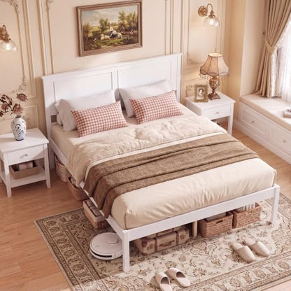 Queen Size Wooden Bed Frame with Headboard, White, view 4