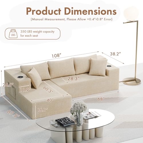 Realbear 108" Cloud Sectional Boneless Couch Sofa with L-Shape Chaise, Modular Sectional Couch with Deep Seat for Living Room Bedroom, No Assembly Required (Beige, 108" Left Facing Chaise)