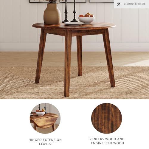 Signature Design by Ashley Berringer Dining Room Round Drop Leaf Table, Rustic Design, Seats 4, Hinged Extension Leaves, Small Space Solution, 42" W x 42" D x 30.63" H, Rustic Brown