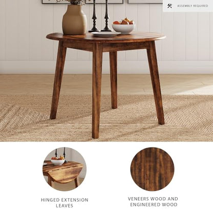 Signature Design by Ashley Berringer Dining Room Round Drop Leaf Table, Rustic Design, Seats 4, Hinged Extension Leaves, Small Space Solution, 42" W x 42" D x 30.63" H, Rustic Brown