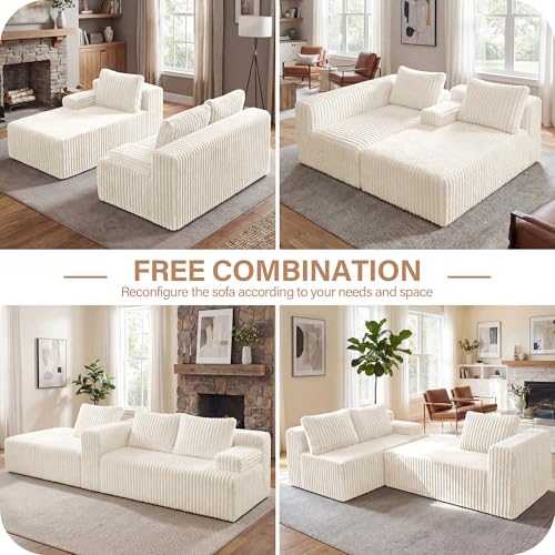 Modular Sectional - L-Shape Cloud Seating with Memory Foam, Convertible 3-Seat Living Room Furniture, Oversized Chaise Lounge, Washable Cover (White, 98", Left Hand Facing)