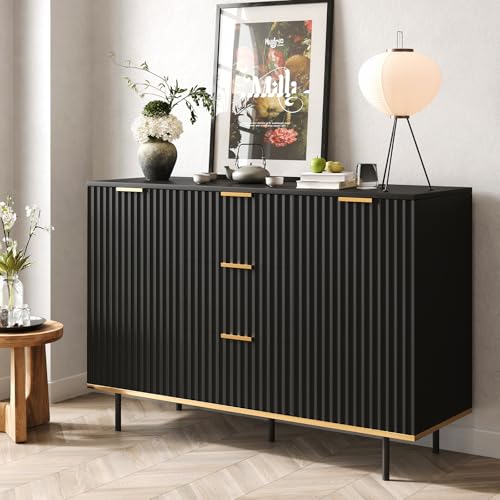 Fluted Sideboard Buffet Cabinet with Storage, 47.2" Modern Coffee Bar Station with Adjustable Shelves and Doors, Wood Accent Cupboard for Dining Room, Entryway, Living Room, Black