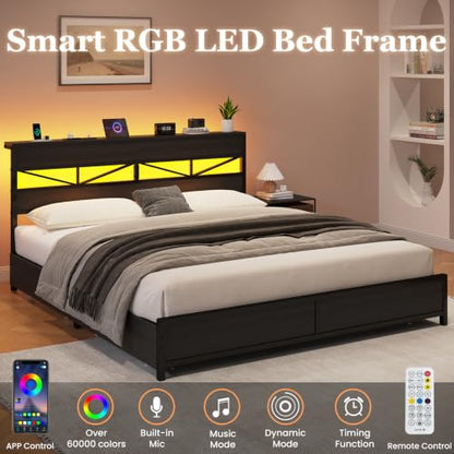 King Size Bed Frame with Storage Headboard and Charging Station, Black, view 6