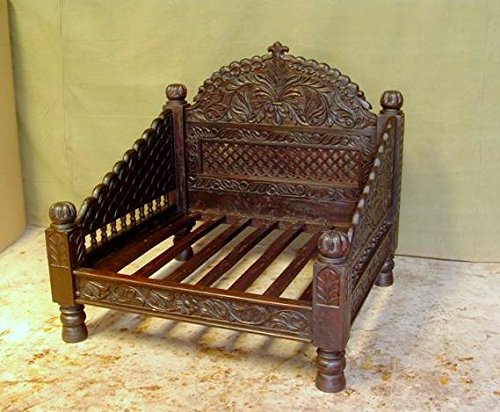 Wooden Carved Jhula Love Seat, Medium Antique Finish. Designed by Worldcraft. Handmade from Solid Indian Neem Wood in Rajasthan, India. (33Dx34Wx42 H)