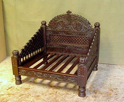 Wooden Carved Jhula Love Seat, Medium Antique Finish. Designed by Worldcraft. Handmade from Solid Indian Neem Wood in Rajasthan, India. (33Dx34Wx42 H)