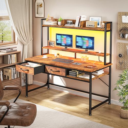 39.4" Office Desk with Hutch&Drawers,Monitor Stand, LED Lights, view 7