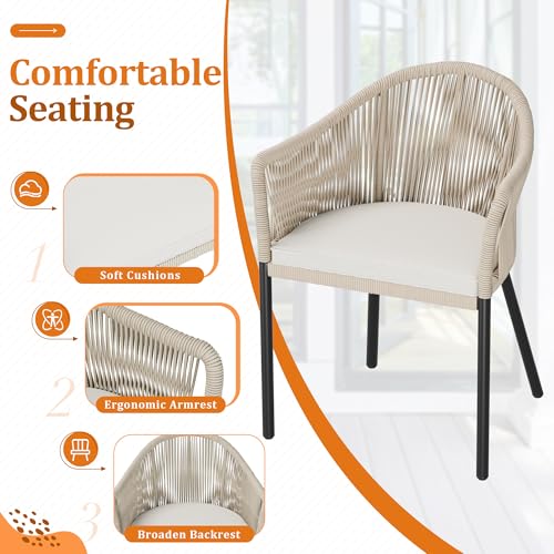 Patio Furniture Set 3 Pieces Rope Woven Bistro Set Outdoor Conversation Set with 2 Wide Chairs,Cushions and Tempered Glass Table for Balcony Porch Backyard Garden Poolside
