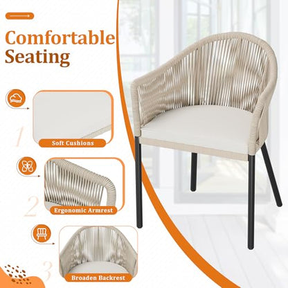 Patio Furniture Set 3 Pieces Rope Woven Bistro Set Outdoor Conversation Set with 2 Wide Chairs,Cushions and Tempered Glass Table for Balcony Porch Backyard Garden Poolside