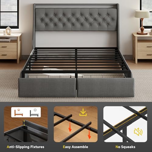 Queen Bed Frame with 2 Storage Drawer, Queen Size Bed Frame, Grey, view 7