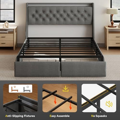 Queen Bed Frame with 2 Storage Drawer, Queen Size Bed Frame, Grey, view 7