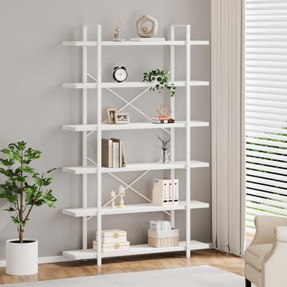 6 Tier Tall White Bookshelf, Industrial Modern Vertical Metal and Wood White Bookcases 6 Shelf,Farmhouse Open Large Storage Book Shelves & Display Book Shelf for Bedroom Living Room Office