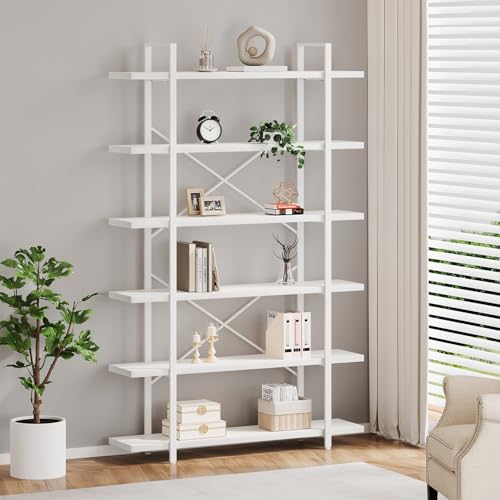 6 Tier Tall White Bookshelf, Industrial Modern Vertical Metal and Wood White Bookcases 6 Shelf,Farmhouse Open Large Storage Book Shelves & Display Book Shelf for Bedroom Living Room Office