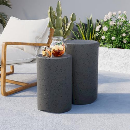 Concrete Outdoor Side Table, Set of 2 Round End Tables, Decorative Garden Stools for Indoor Outdoor, Patio Accent Side Table w Spotted, Nesting, Dark Grey