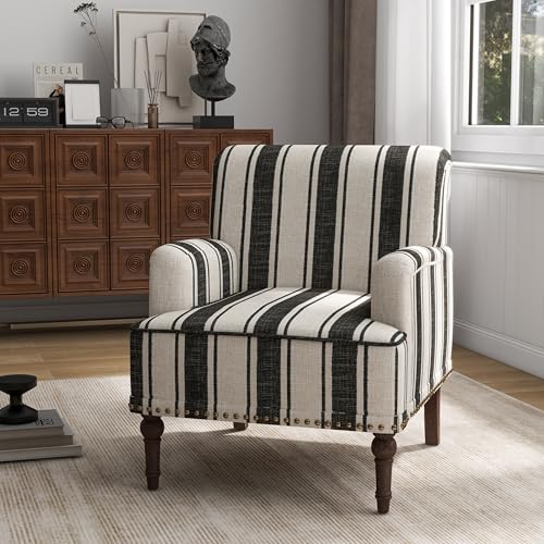 Stripe Accent Chairs Set of 2, Living Room Arm Chair Modern Nailhead Trim Club Armchair, Comfy Upholstered Sofa Lounge Seat Reading Seat Bedroom Side Seating for Home Office, Black