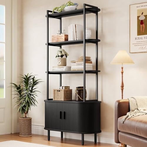 4 Tier Bookshelf with Cabinet, 71" Tall Display Bookcase Black, view 3