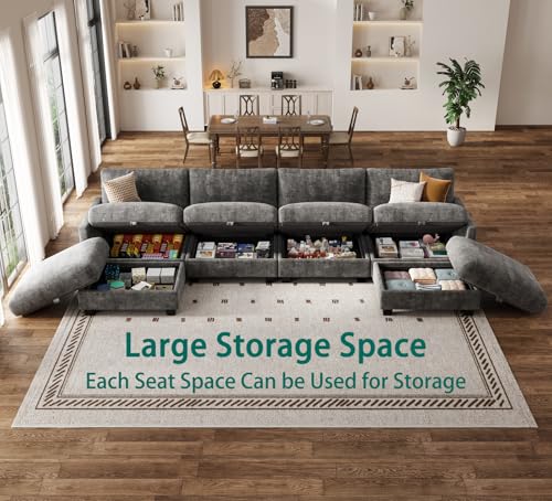 Modular Sectional U Shaped Sofa Couches for Living Room, Cloud Couch with Storage Ottoman, Comfy Chenille Sofa with Pillow, Dark Gray