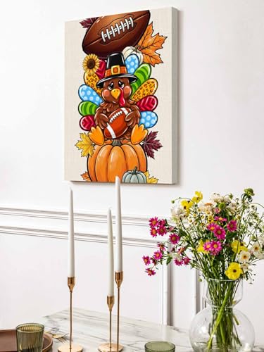 NuYeBiofx Thanksgiving Fall Pumpkin Turkey Canvas Wall Art Prints,48"x32" Framed Picture Artwork Autumn Maple Leaf Football Printed Canvas Oil Painting for Living Room Bedroom Office,Ready to Hang