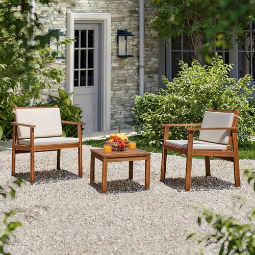 Patio Set 3 Piece Acacia Wood Outdoor Furniture Conversation Seat with Table & Cushions Porch Chairs for Balcony, Deck, Backyard, Beige