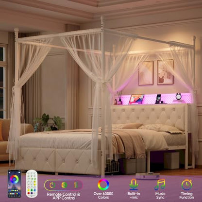 Queen Size Canopy Bed Frame with Charging Station and LED Lights, view 6