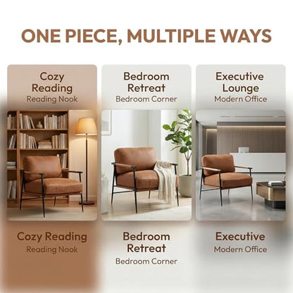 PU Leather Accent Chairs Set of 2 Brown Lounge Chairs with Metal Legs Modern Armchairs Upholstered Mid-Century Comfy Leisure Chair for Bedroom Living Room Reception Area