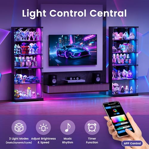 Glass Display Cabinet with Doors and RGB LED Lights | 69" Tall Curio Cabinet, 5-Tier Wooden Shelves, Lockable Display Case, Motion Sensor, for Collectibles, Living Room, Black