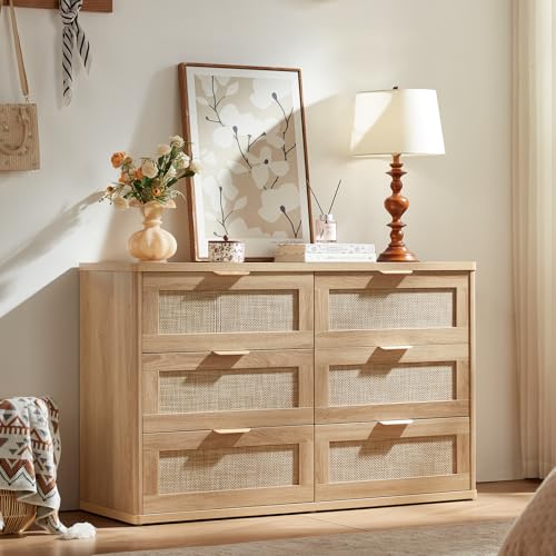 Rattan 6 Drawer Dresser for Bedroom, Boho 48" Wide Natural Wood Dresser Chest of Drawers, Dressers TV Stand with Metal Handle, Storage Dressers Closet Organizer for Living Room, Hallway