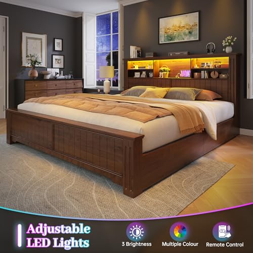 King Bed Frame with 4 Storage Drawers and Headboard Shelf,Brown, view 6