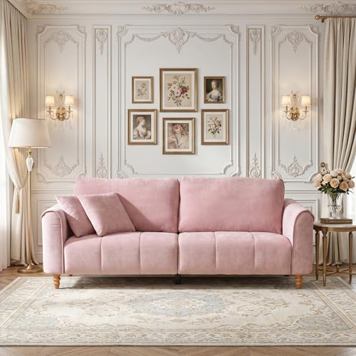 87" Mid Century Modern 3-Seater Sofa for Living Room, Extra Wide Deep Seat Couch, Tufted Upholstered Furniture with Sturdy Wood Frame, Easy Assembly, Pink