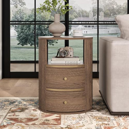 Walnut Round End Table with Storage, Open Shelf and 2 Drawers | 24" Tall Sofa Side Table, Mid Century Modern Nightstand for Living Room, Bedroom, Beside Sofa, Accent Piece, Easy Assembly