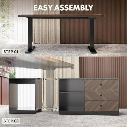 FLEXISPOT 55" L Shaped Standing Desk with Storage & CPU Holder, Dual Motor Height Adjustable Executive Desk, 222 LBS Capacity, 1" Thick Desktop for Home Office, Black Walnut, 3 Packages