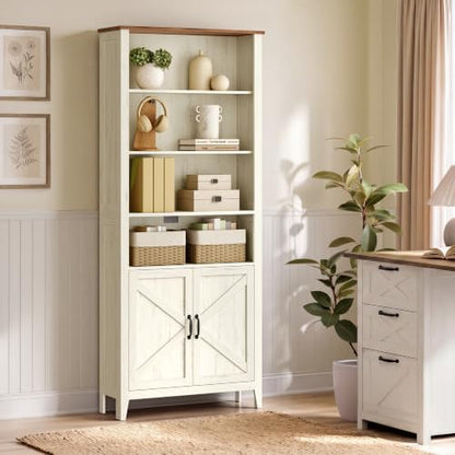 Liry Collection Farmhouse Bookshelf, 6-Tier Bookcase with Doors, Storage Cabinets, 24.8 x 10 x 70.7 inch, for Home Office, Living Room, Cloud White and Warm Brown ULBC134W101S
