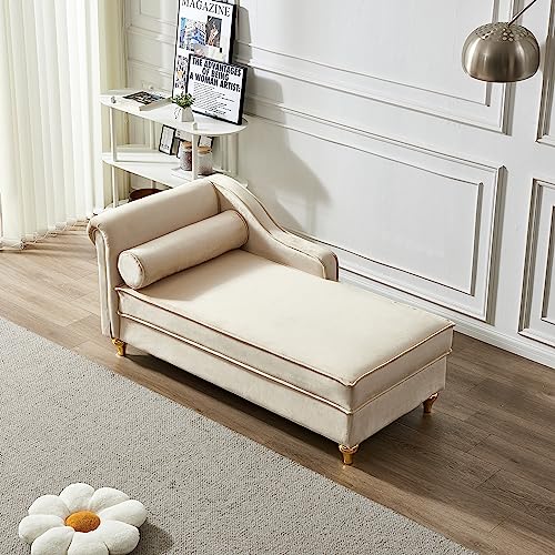 Modern Upholstery Chaise Lounge Chair with Storage Velvet (Beige), view 4