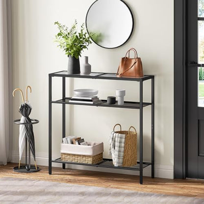 29.5" Narrow Console Table, 3-Tier Tempered Glass Sofa Table, Modern Entryway Table, for Entrance, Living Room, Foyer, Hallway Bedroom, Black BK21XG01G1