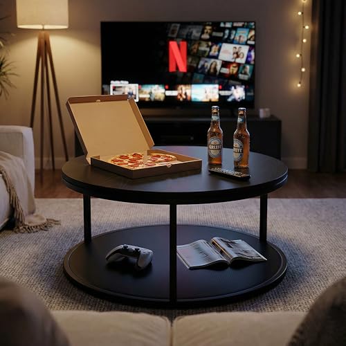 36" Modern Round Coffee Table for Living Room, 2-Tier Wood Design with Storage Shelf, Sturdy Metal Frame, Stylish Small Space Furniture, Black Metal