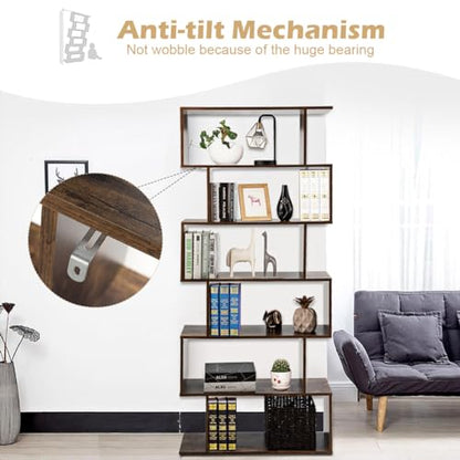 6-Tier Geometric Bookcase, Modern S-Shaped Storage Display Bookshelf for Living Room, Anti-Toppling Device, Home Office Wooden 6 Shelf Open Bookcase (1, Coffee)