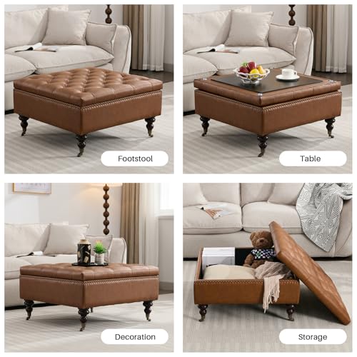 Large Square Storage Ottoman Uphlostered Tufted Button Coffee Table, Oversized Footrest Bench with Castered Rolling Wheels for Living Room, Brown Faux Leather