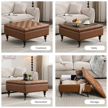 Large Square Storage Ottoman Uphlostered Tufted Button Coffee Table, Oversized Footrest Bench with Castered Rolling Wheels for Living Room, Brown Faux Leather
