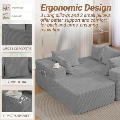 105'' Cloud Sectional Couch, Modular L-Shaped Boneless Sectional Sofa, Corduroy Deep Seat Couch, Small Space Sofas for Living Room Bedroom Apartment, No Assembly, Grey