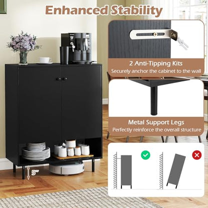 Sideboard Buffet Cabinet, Freestanding Kitchen Storage Cabinet with Doors, Adjustable Shelf & Anti-Tipping Kit, Mid Century Modern Black Buffet Table for Dining Room, Living Room, Entryway