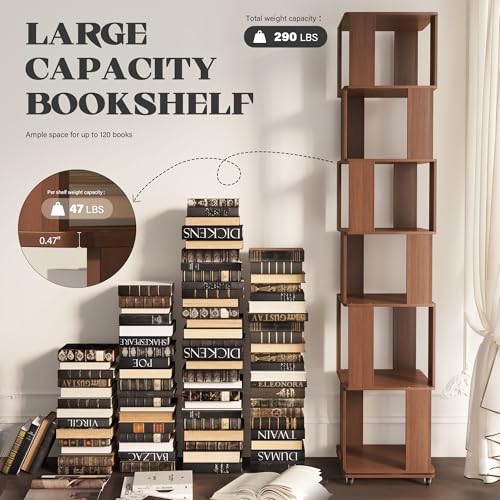 79.2-Inch 6 Tier Solid Wood Rotating Bookshelf Tower on Wheels, view 7