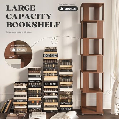 79.2-Inch 6 Tier Solid Wood Rotating Bookshelf Tower on Wheels, view 7