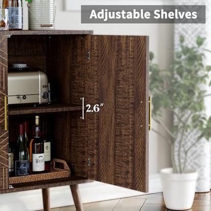 Sideboard Buffet Cabinet with Storage, Elegant Wood Accent Cabinet with Line Groove Design, Freestanding Storage Cabinet with Adjustable Shelves for Living Room, Kitchen, Entryway, Walnut