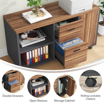 Tribesigns 71 Inch Executive Desk, L-Shaped Desk with Mobile File Cabinet, Executive Office Table with 2 Drawers and Storage Shelves, Business Furniture Workstation for Home Office, Walnut and Black