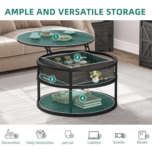Round Lift Top Coffee Tables for Living Room | Lift Top Design, Dining Table with Hidden Compartment, 2-Tier Storage, Farmhouse Style, for Living Room, Easy Assembly