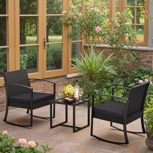 3 Pieces Outdoor Furniture Set Patio Bistro Rocking Chairs with Glass Coffee Table for Pool Beach Backyard Balcony Porch Deck Garden, Black