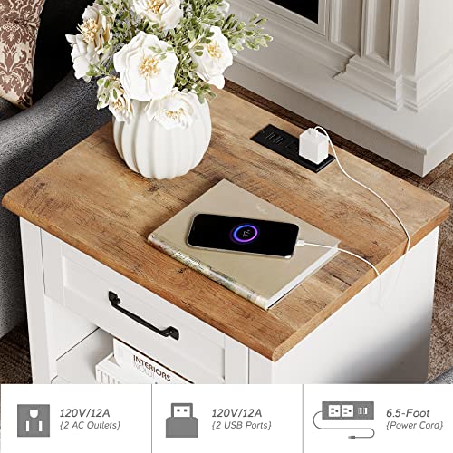 White Side Table with 2 Drawers, Night Stand with Charging Station, view 6