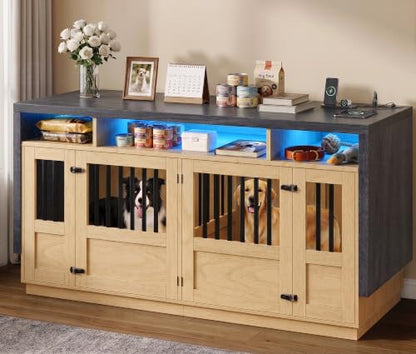 Furniture Dog Crate, 71" Double Dog Crate Furniture Natural & Grey, view 2