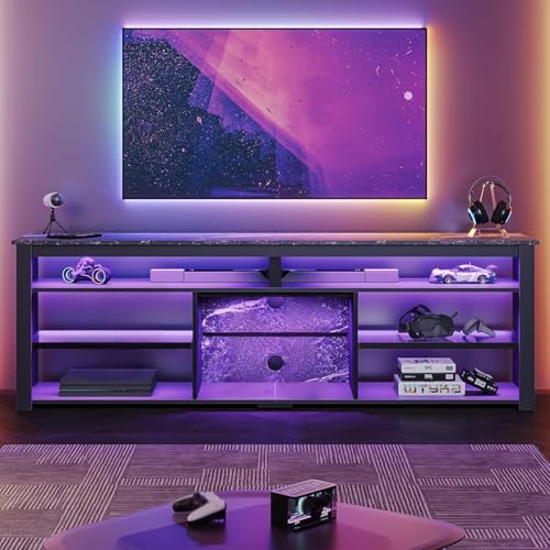 Tall TV Cabinet with LED & Storage, 80", Black Marble Gaming Stand, view 2