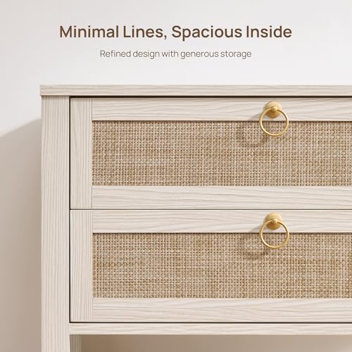 26.7" Wide Boho Rattan Nightstand, White Oak Bedside Table with 2 Drawers & Open Shelf, Large Side Table for King Size Bed, Modern Coastal Accent Table for Bedroom